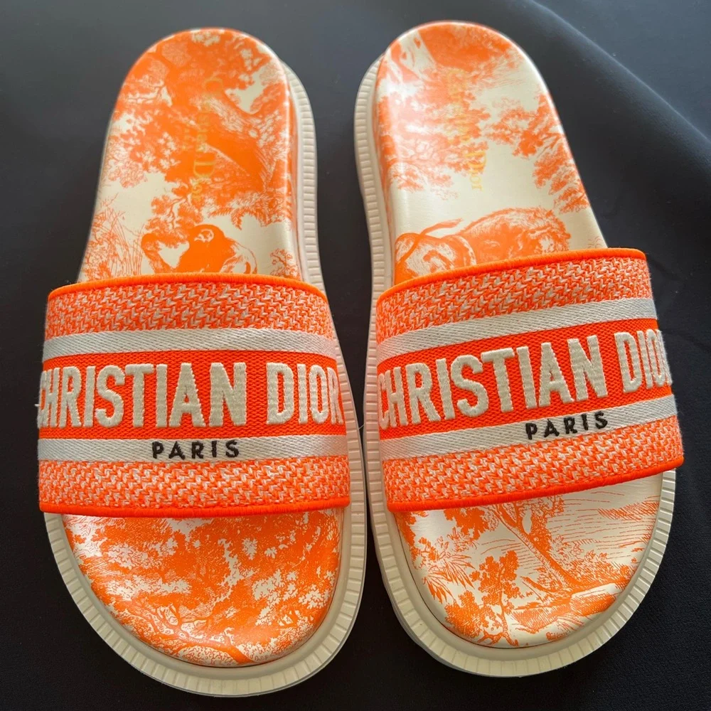 DIOR Bright Orange Toile de Jouy Embroidered Cotton DWAY SLIDE - size 38 - Picture 1 of 11